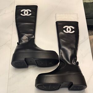 CHANEL Black and White Platform Boots